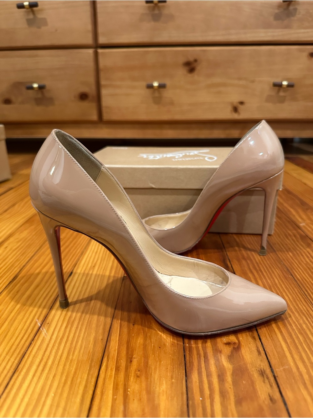 Christian Louboutin Nude Patent Pigalle Follies Pointed Toe Pumps